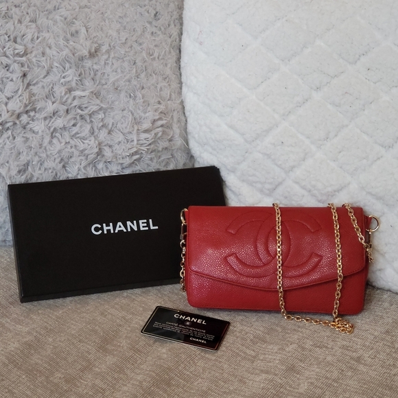 CHANEL Handbags - Chanel Red Caviar CC Timeless Shoulder Bag Bifold Wallet Grained Calfskin..